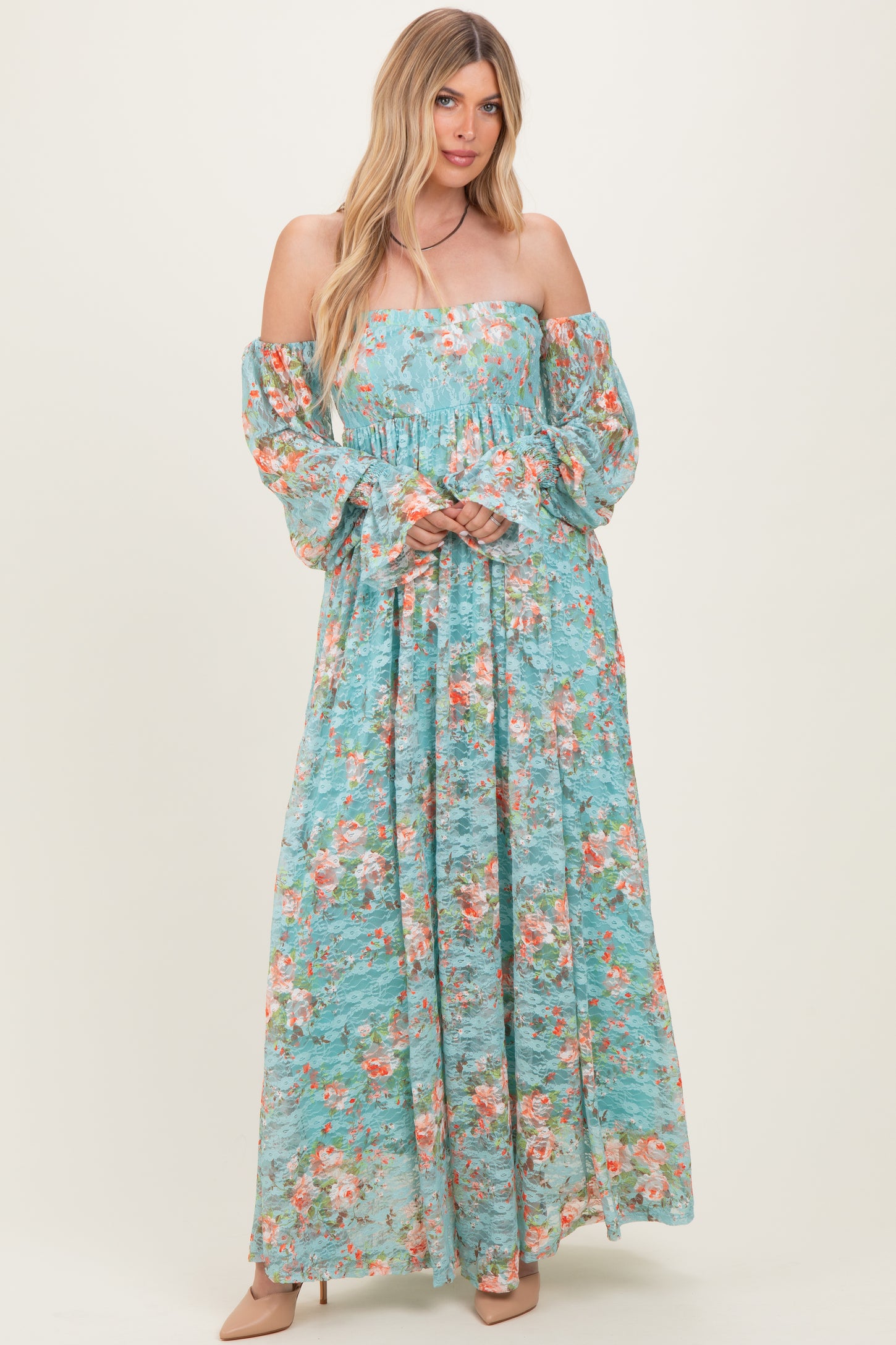 Mint Floral Lace Smocked Long Sleeve Off Shoulder Maternity Maxi Dress