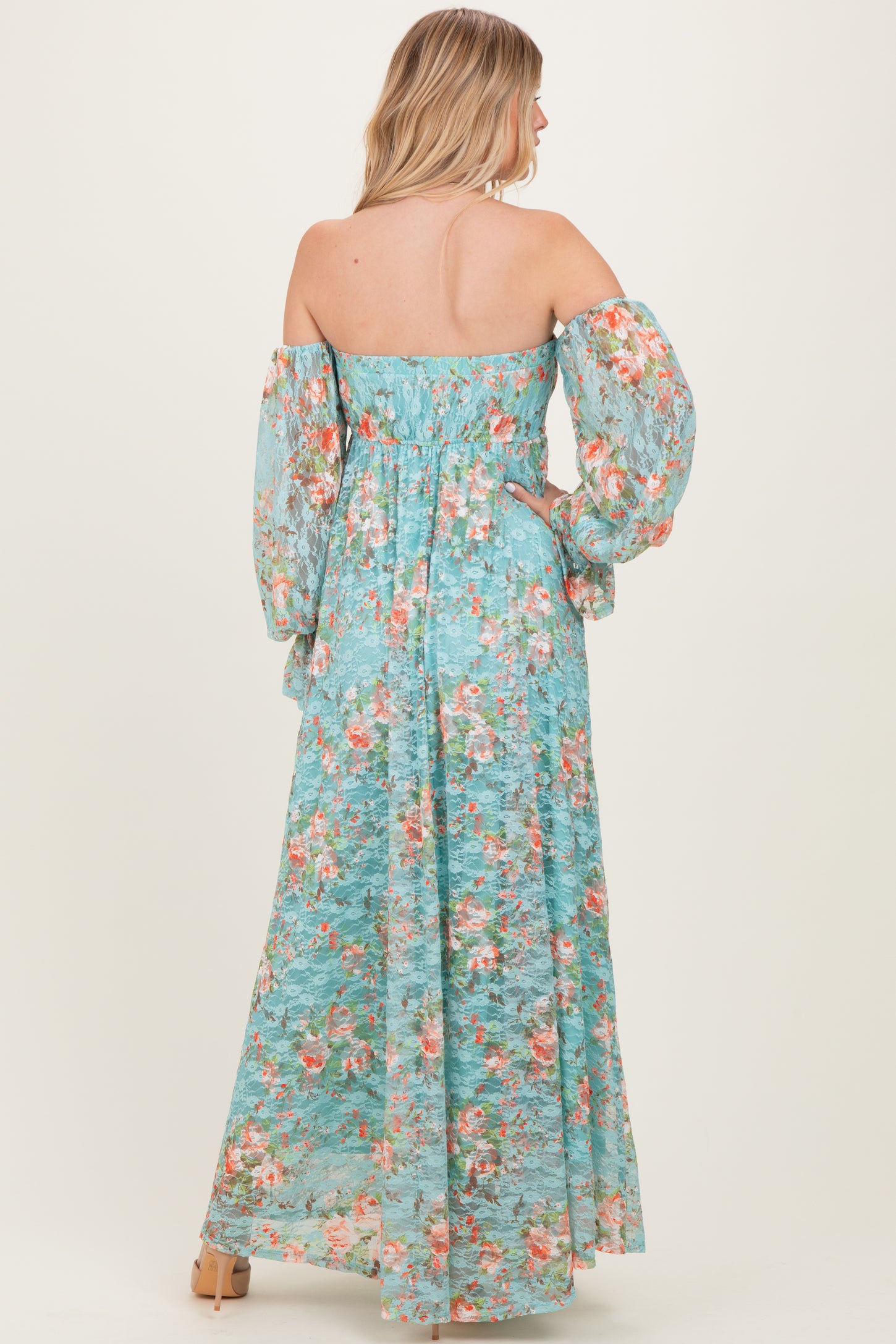 long sleeve mint lace dress Mint Floral Lace Smocked Long Sleeve Off Shoulder Maxi Dress