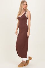 Brown Knit V-Neck Contrast Ruffle Hem Maxi Dress