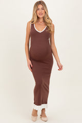 Brown Knit V-Neck Contrast Ruffle Hem Maternity Maxi Dress