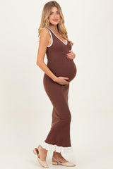 Brown Knit V-Neck Contrast Ruffle Hem Maternity Maxi Dress