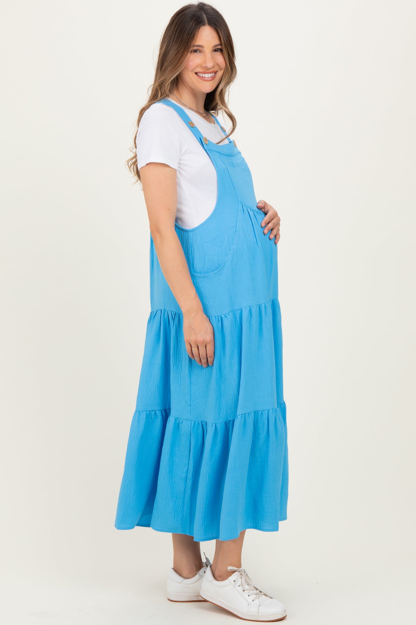 Aqua Blue Button Sling Tiered Maternity Midi Dress