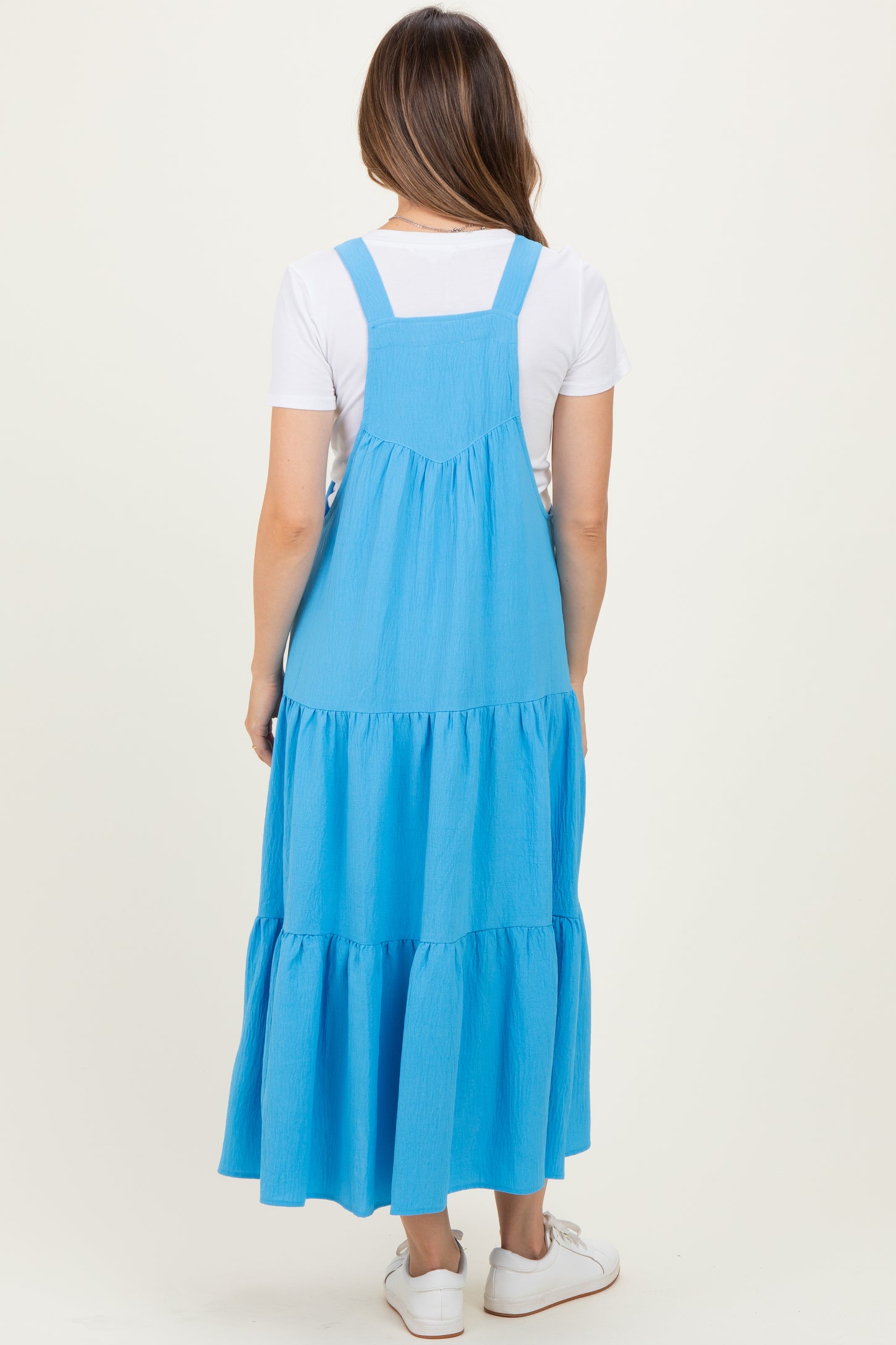 Aqua Blue Button Sling Tiered Maternity Midi Dress