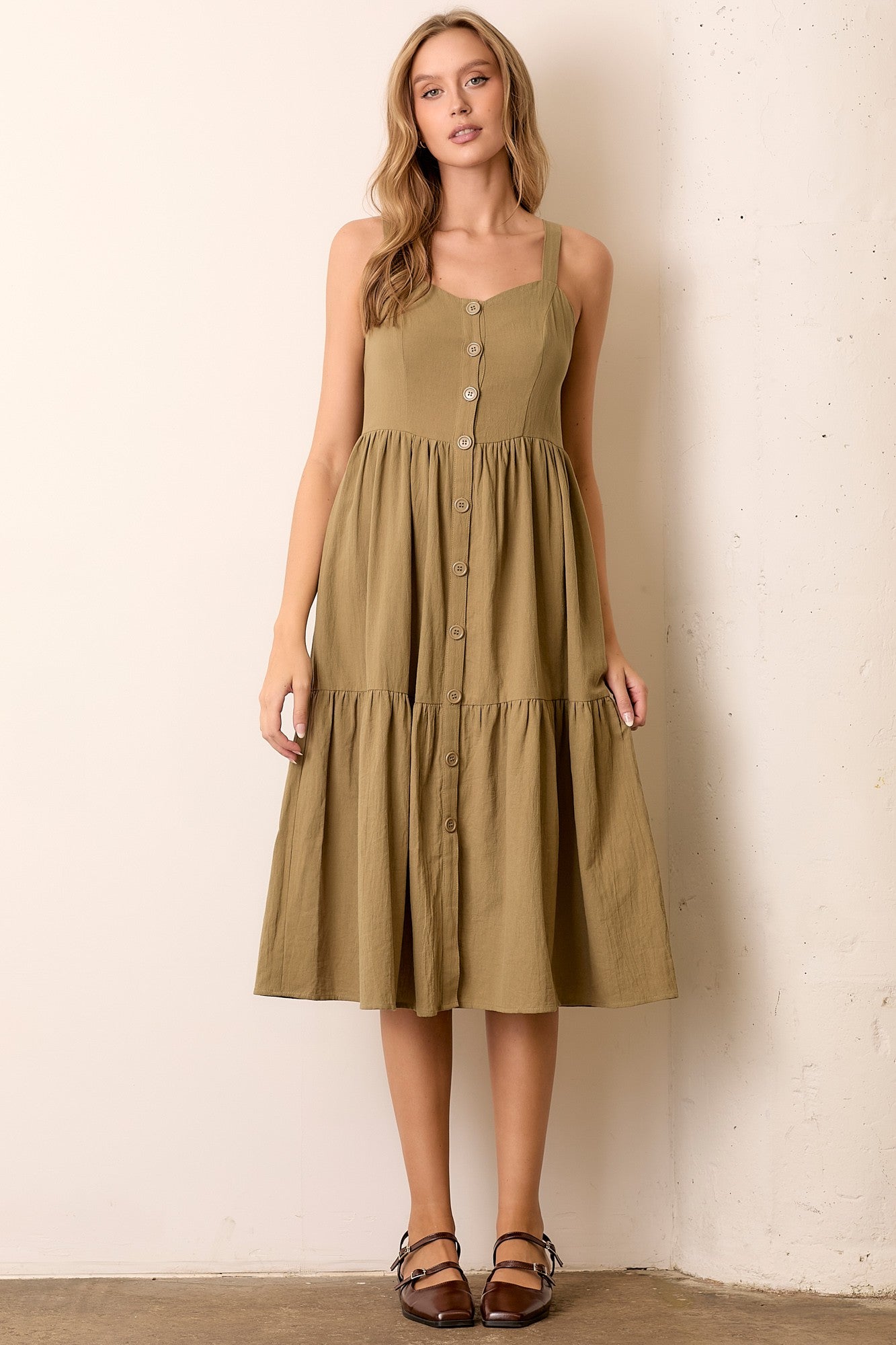 Olive Sleeveless Button Down Tiered Midi Dress