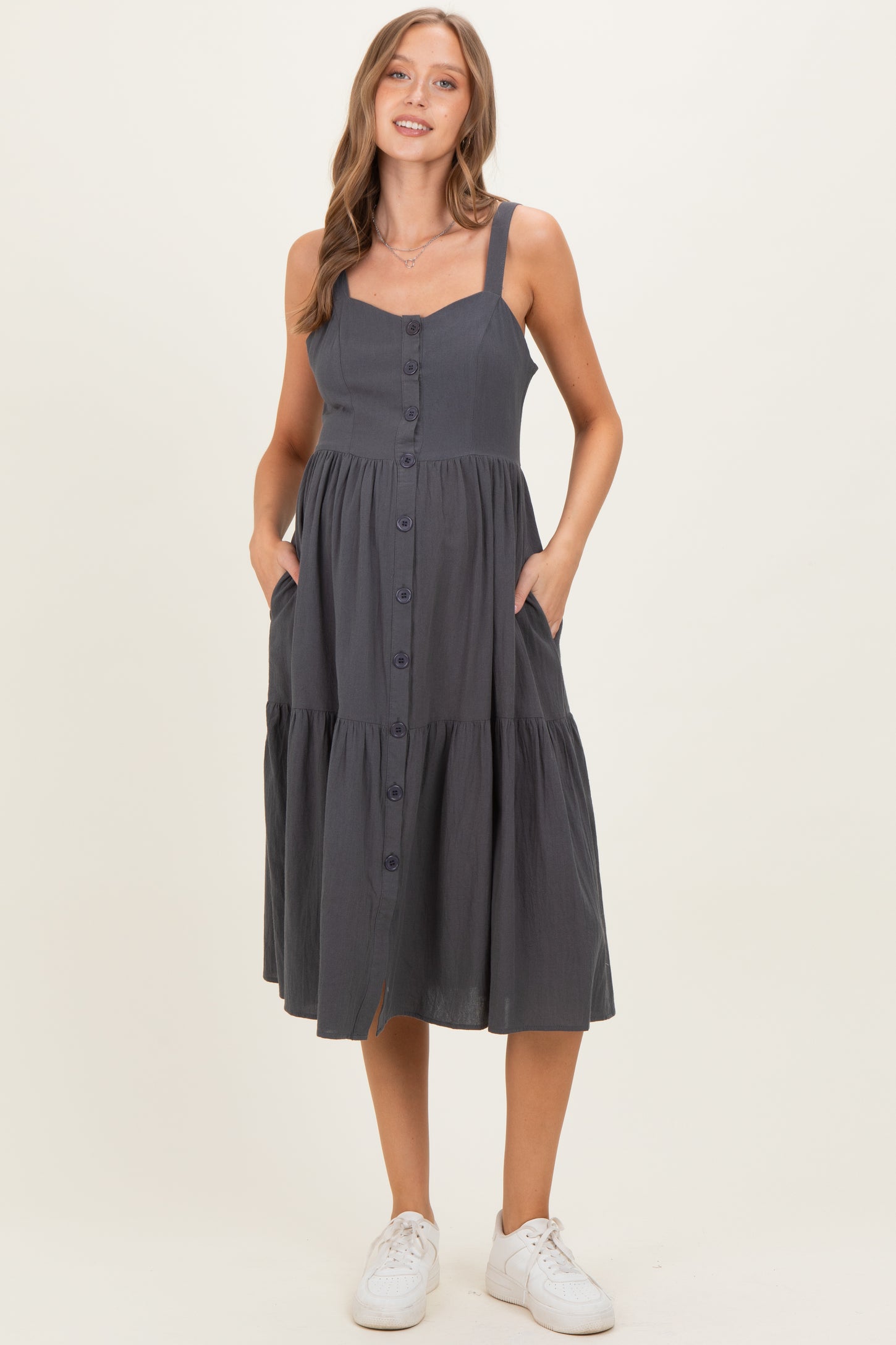 Charcoal Sleeveless Button Down Tiered Maternity Midi Dress