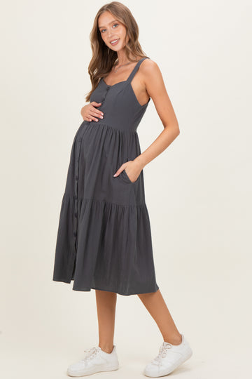 Charcoal Sleeveless Button Down Tiered Maternity Midi Dress