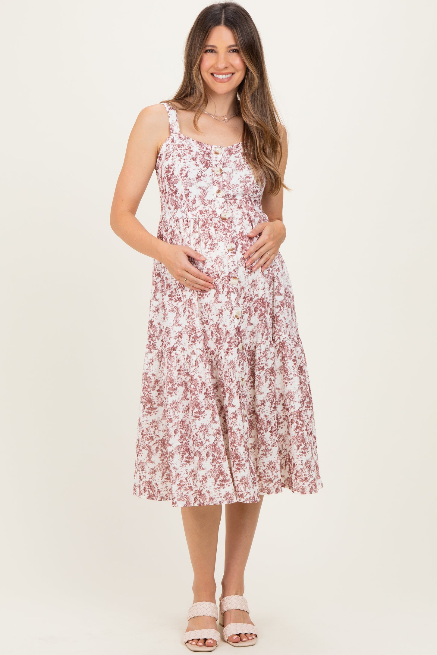 Burgundy Floral Button Down Tiered Maternity Dress