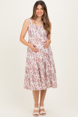 Burgundy Floral Button Down Tiered Maternity Dress