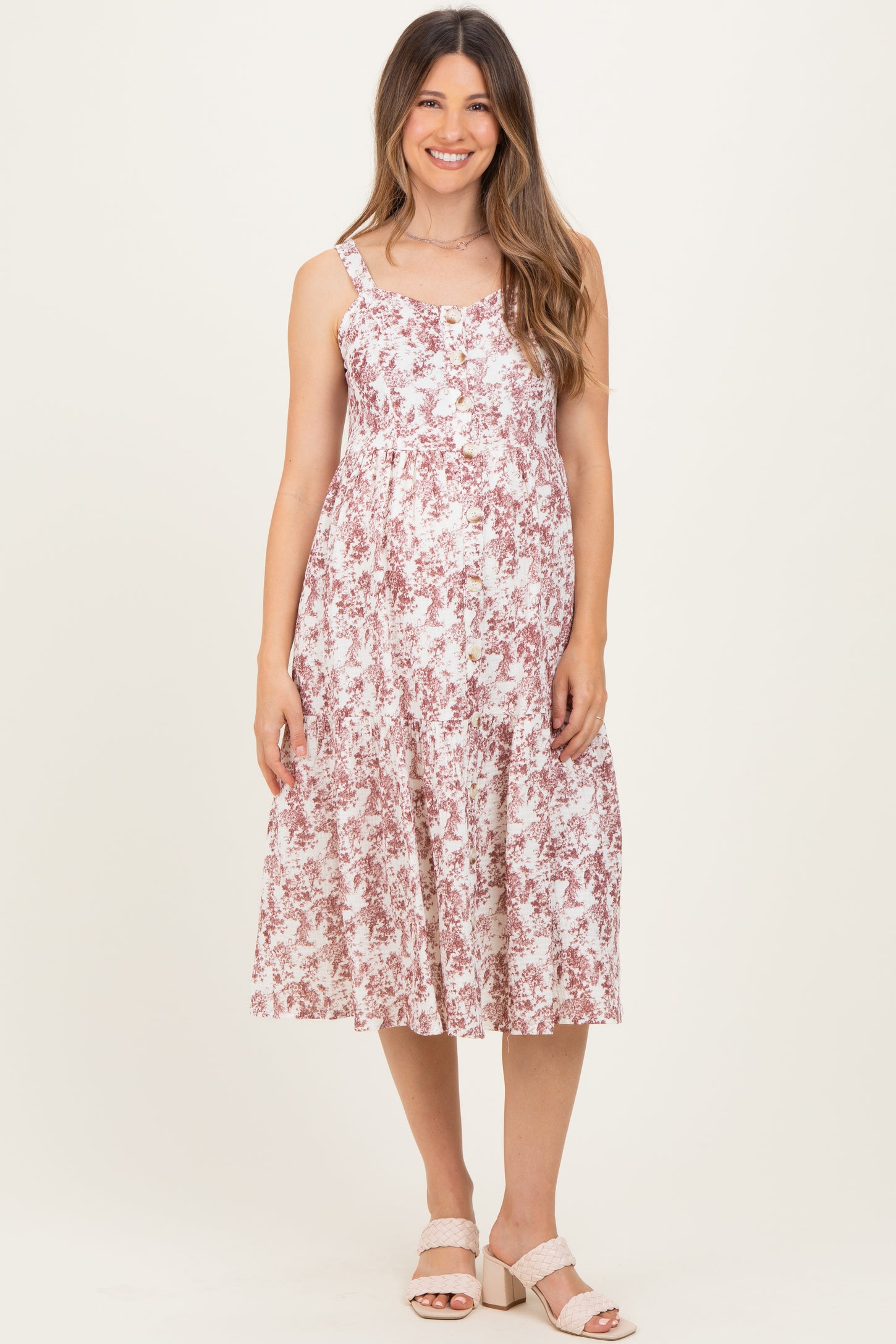 Burgundy Floral Button Down Tiered Maternity Dress