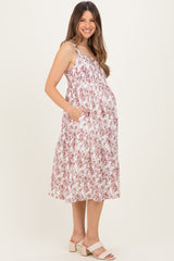 Burgundy Floral Button Down Tiered Maternity Dress