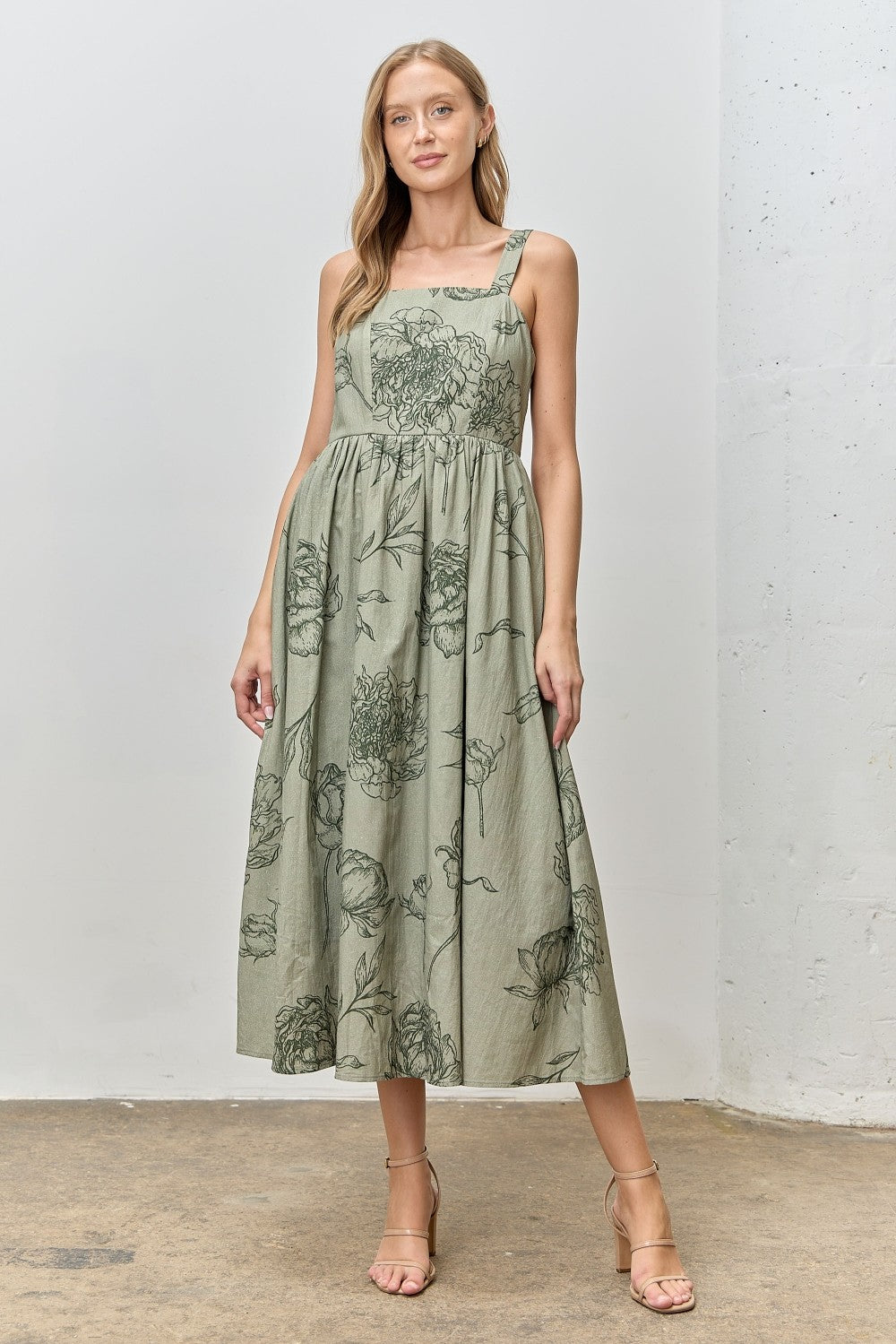 Light Olive Floral Sleeveless Midi Dress