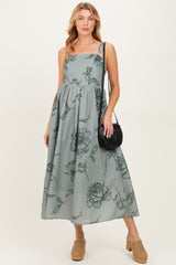 Light Olive Floral Sleeveless Maternity Midi Dress