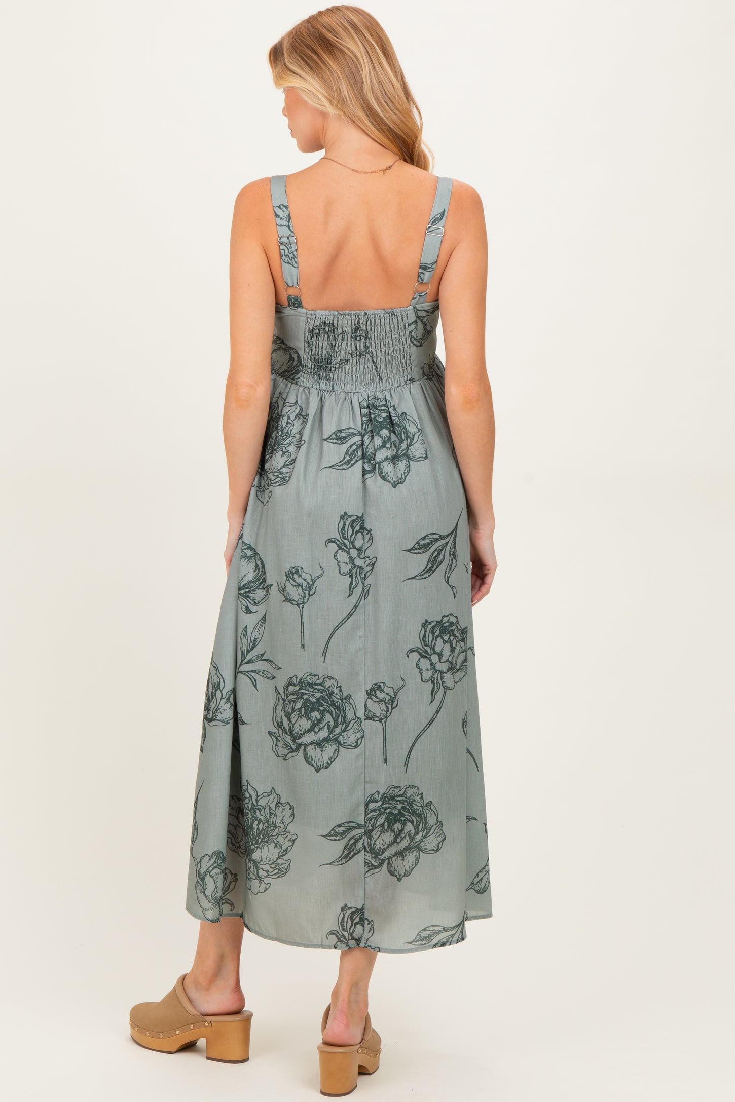 Light Olive Floral Sleeveless Maternity Midi Dress