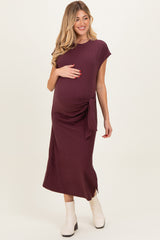 Maroon Side Tie Side Slit Maternity Midi Dress