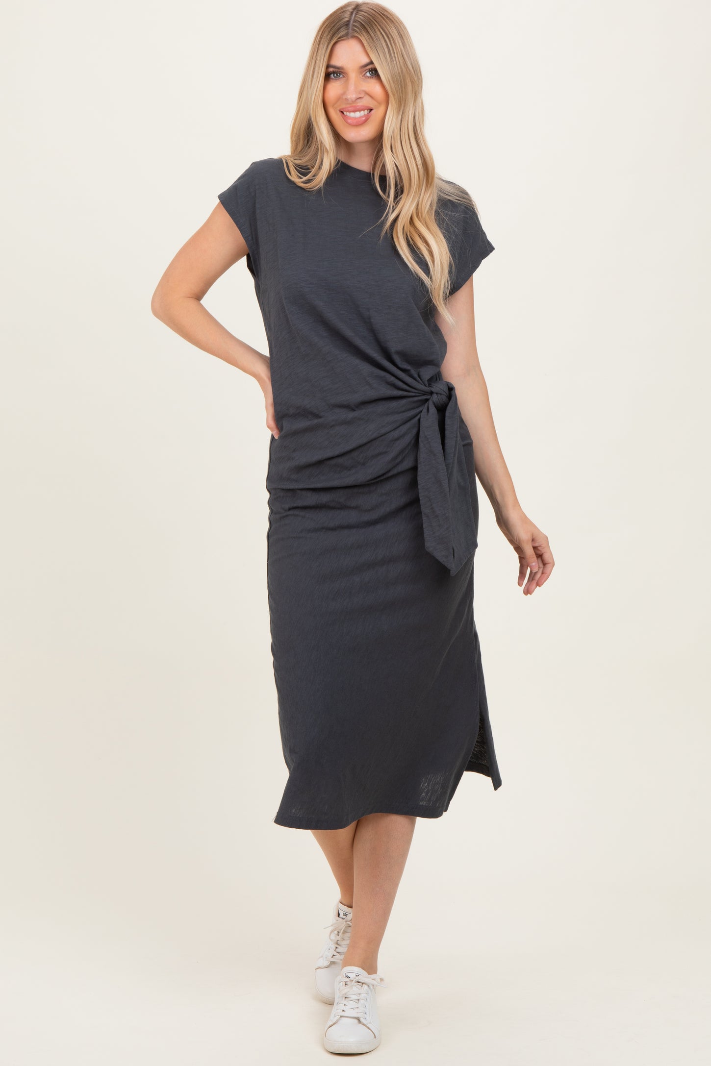 Charcoal Side Tie Side Slit Midi Dress