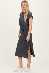 Charcoal Side Tie Side Slit Midi Dress