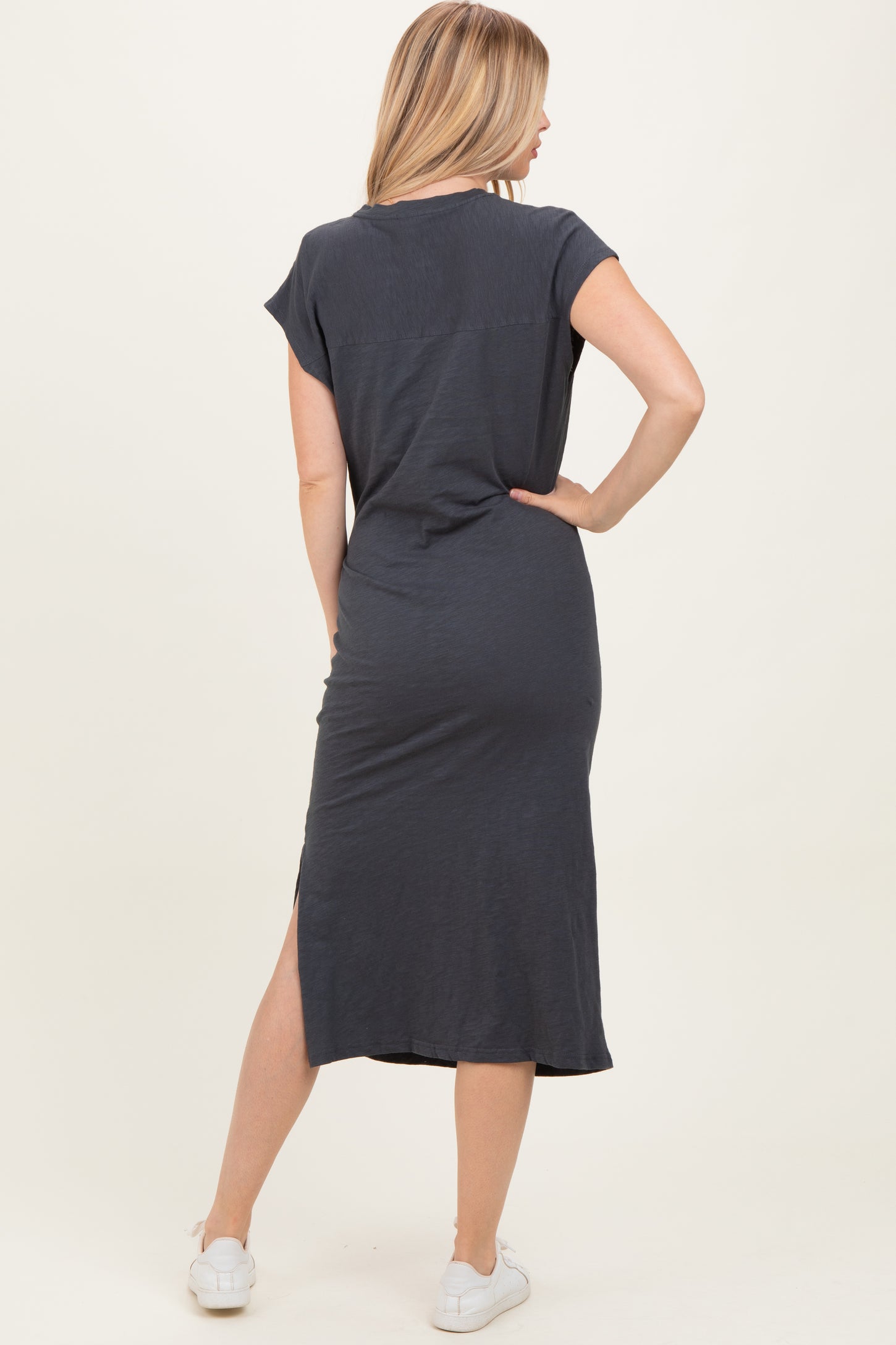 Charcoal Side Tie Side Slit Midi Dress