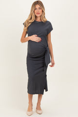 Charcoal Side Tie Side Slit Maternity Midi Dress