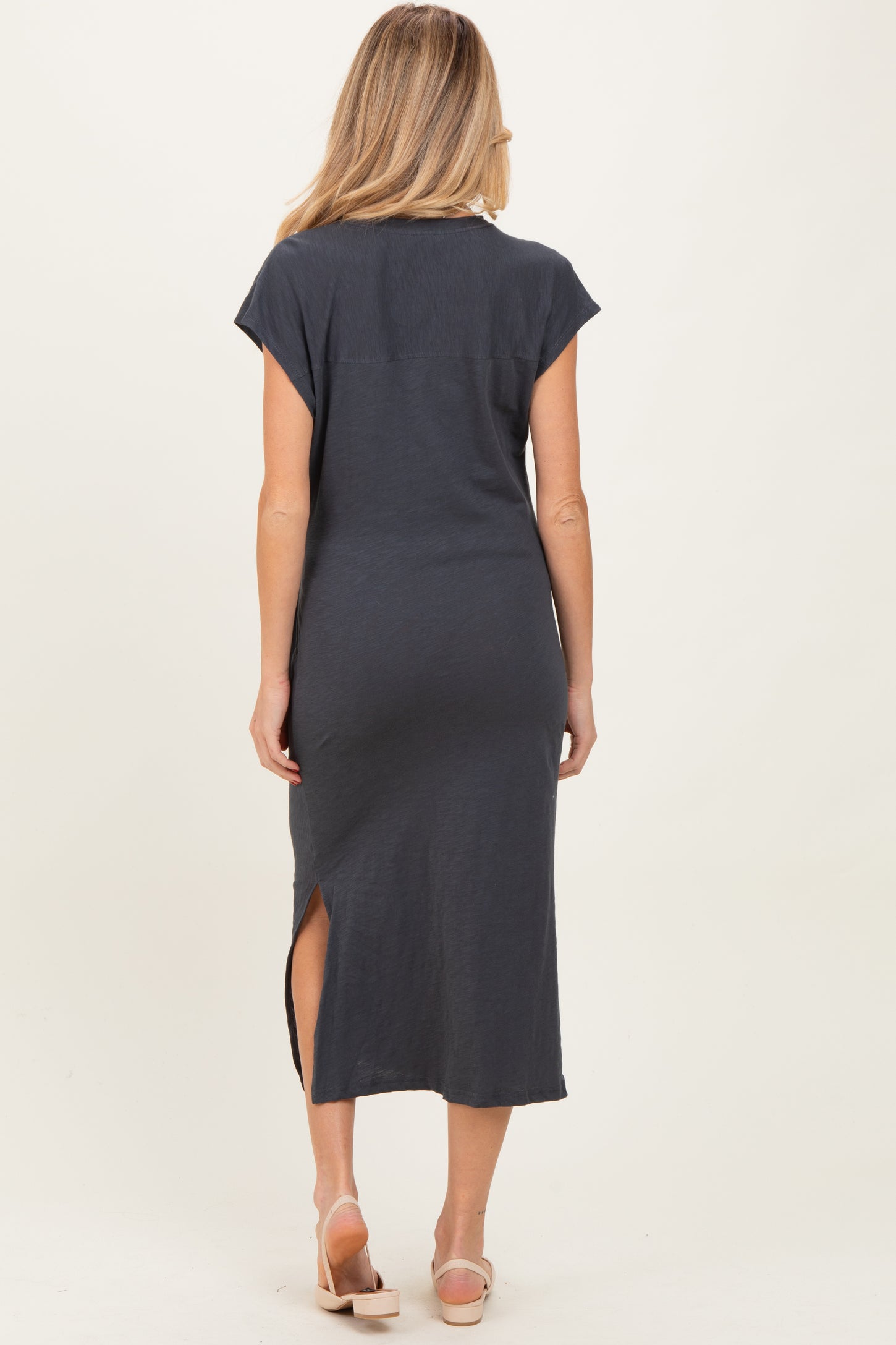 Charcoal Side Tie Side Slit Maternity Midi Dress