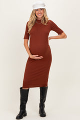 Maroon Ribbed Mock Neck Maternity Midi Dress