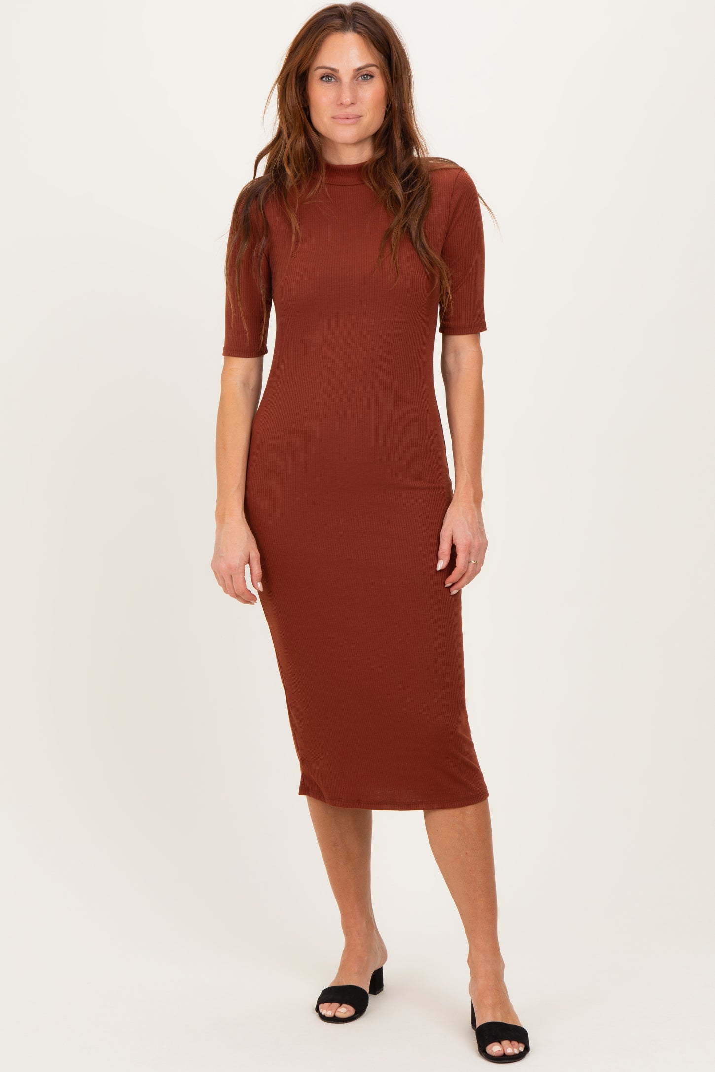 Maroon Ribbed Mock Neck Midi Dress