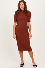 Maroon Ribbed Mock Neck Maternity Midi Dress