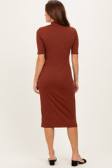 Maroon Ribbed Mock Neck Midi Dress