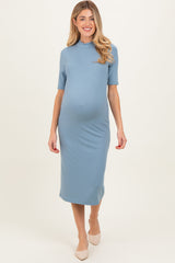 Dusty Blue Ribbed Mock Neck Maternity Midi Dress