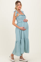 Blue Gingham Smocked Shoulder Tie Maternity Midi Dress