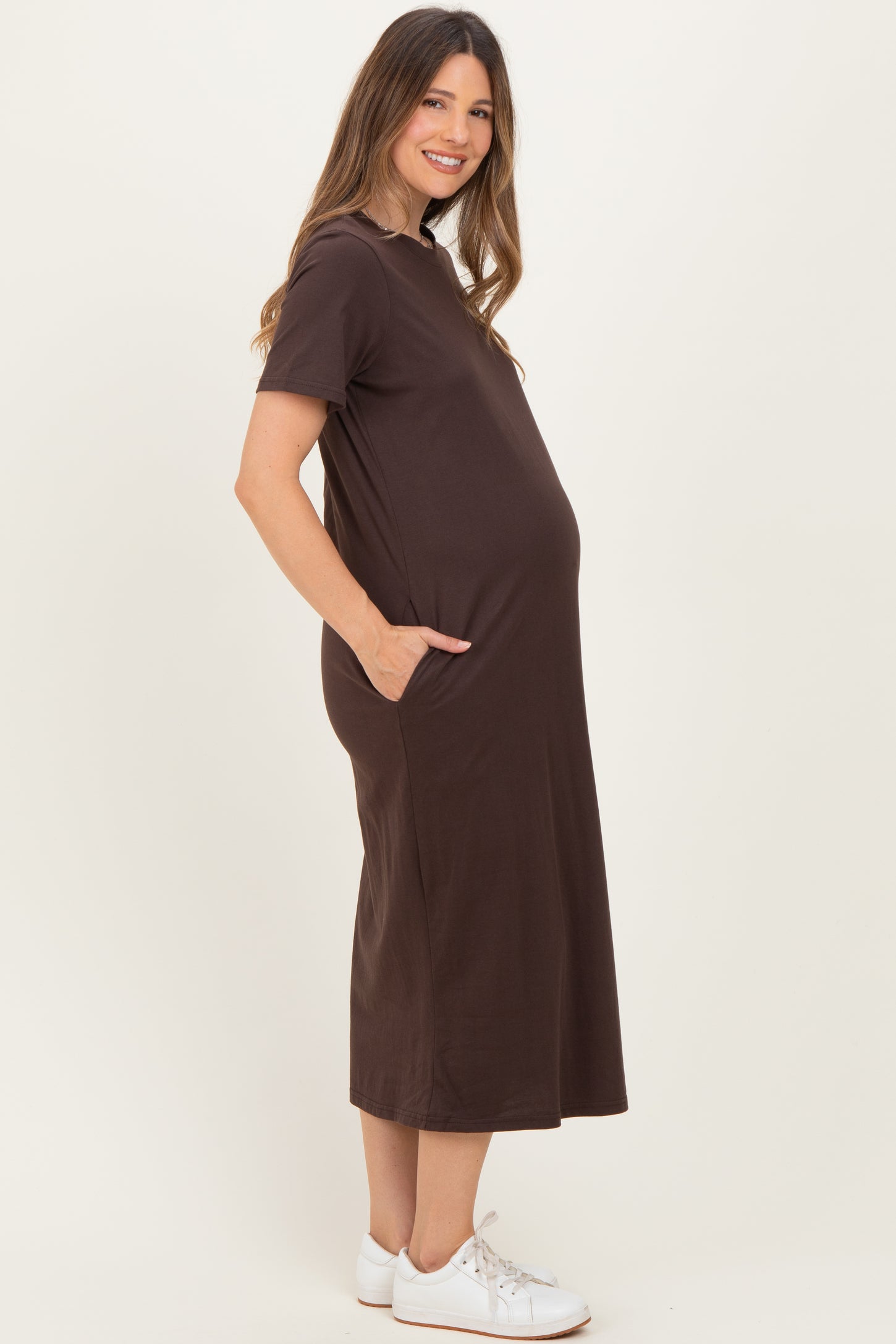 Dark Chocolate Cotton T-Shirt Maternity Midi Dress
