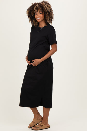 Black Cotton T-Shirt Maternity Midi Dress