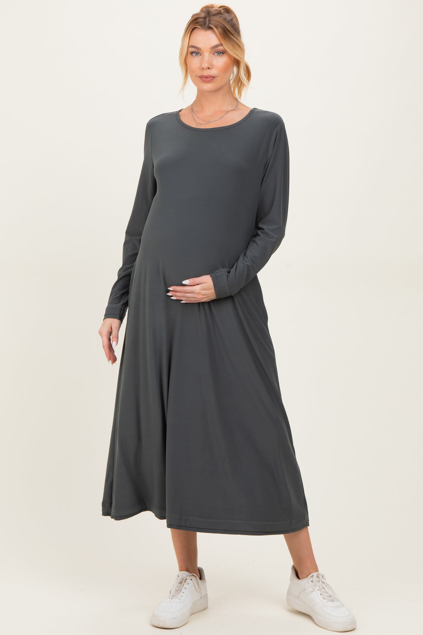 Olive Relaxed Fit Long Sleeve Basic Maternity Dress