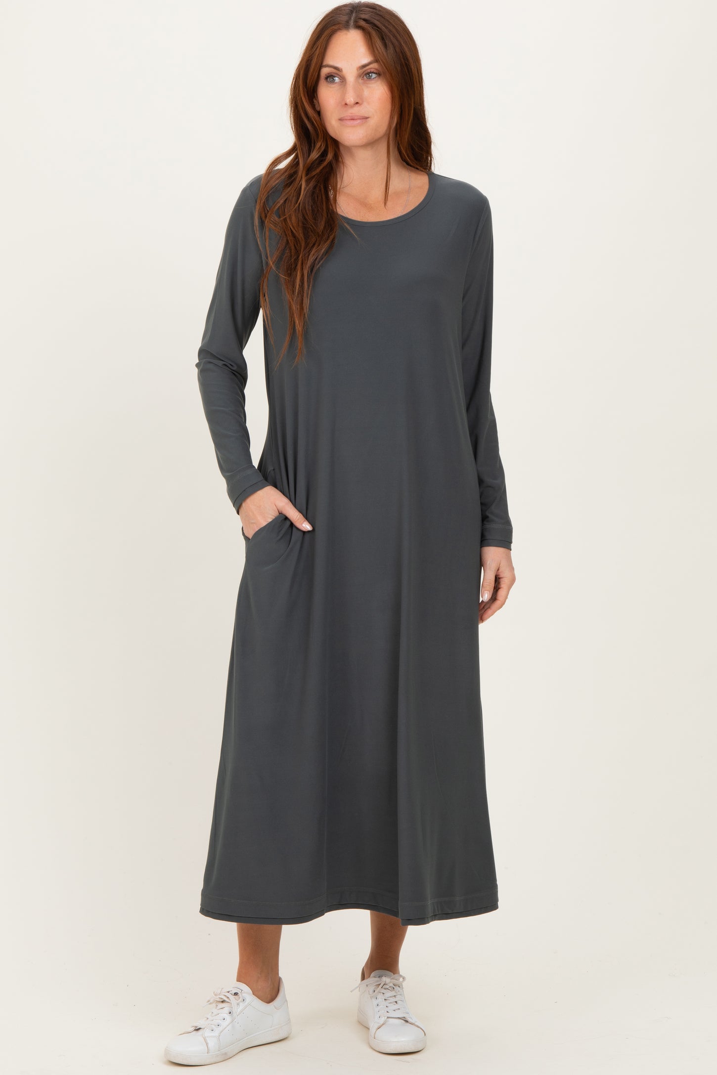 Olive Relaxed Fit Long Sleeve Basic Maternity Dress