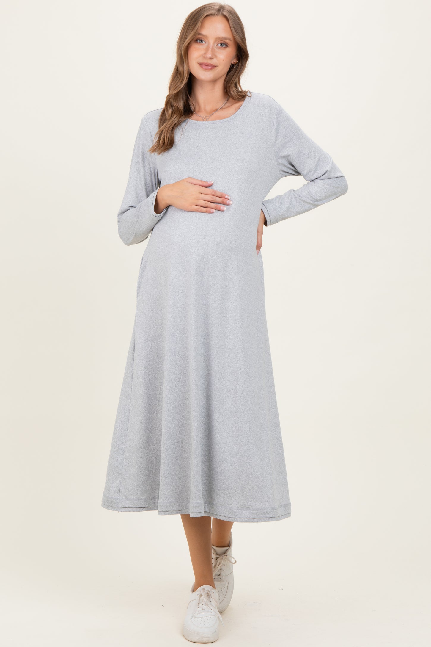 Heather Grey Relaxed Fit Long Sleeve Basic Maternity Dress