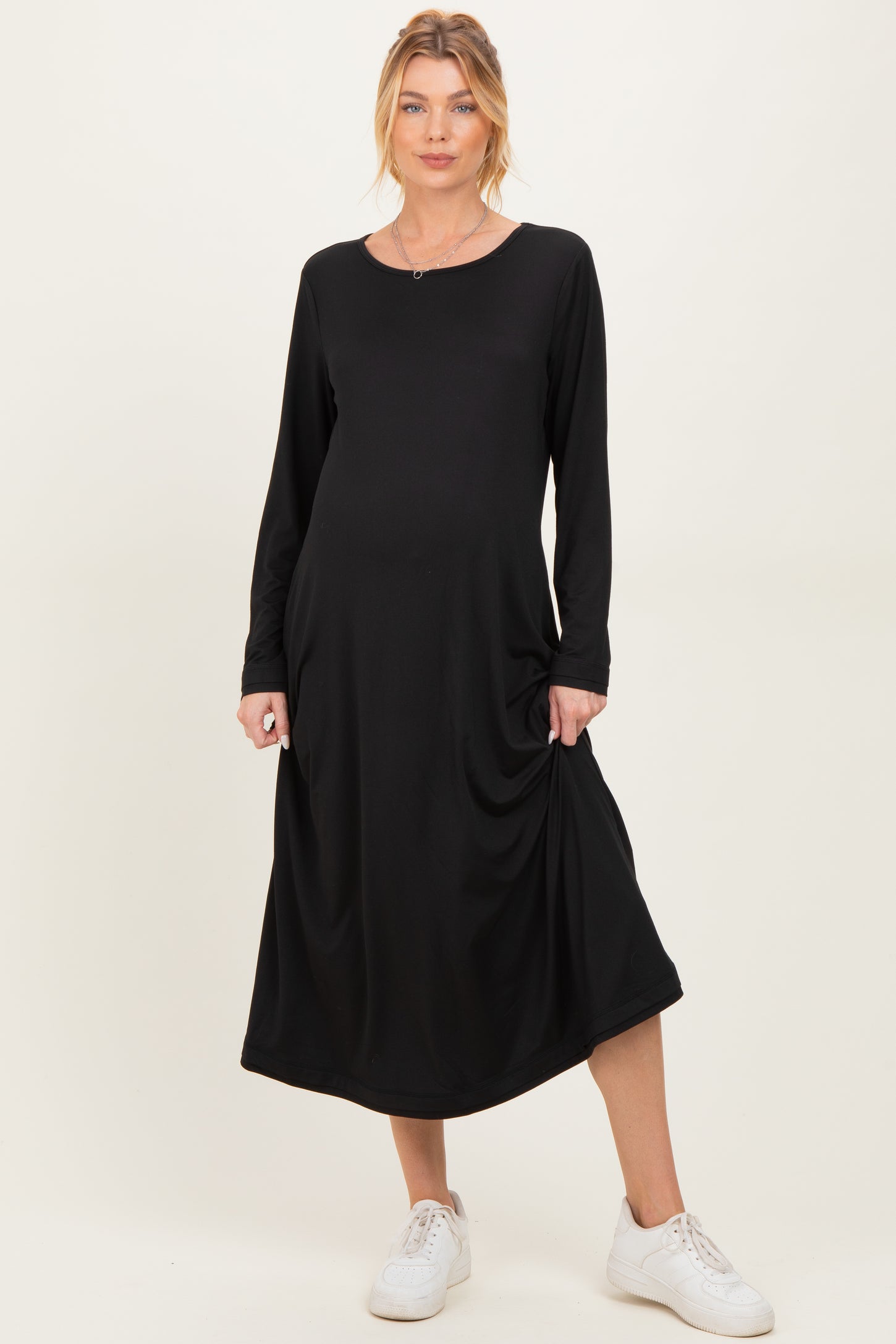 Black Relaxed Fit Long Sleeve Basic Maternity Dress