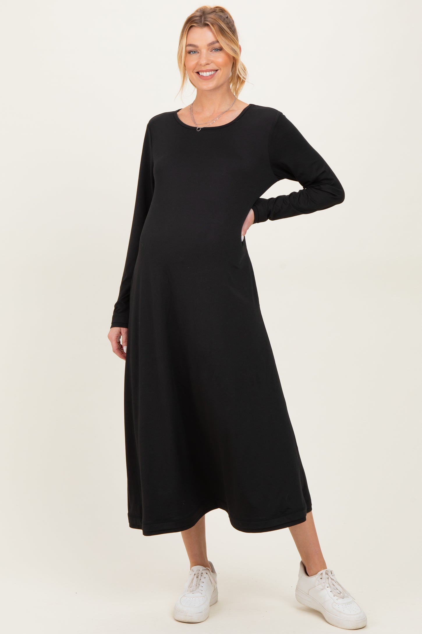 Black Relaxed Fit Long Sleeve Basic Maternity Dress Black Relaxed Fit Long Sleeve Basic Maternity Dress