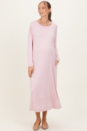 Blush Pink Relaxed Fit Long Sleeve Basic Maternity Dress