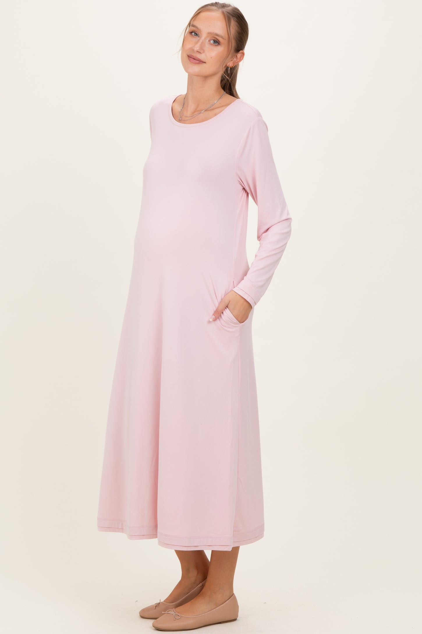 Blush Pink Relaxed Fit Long Sleeve Basic Maternity Dress