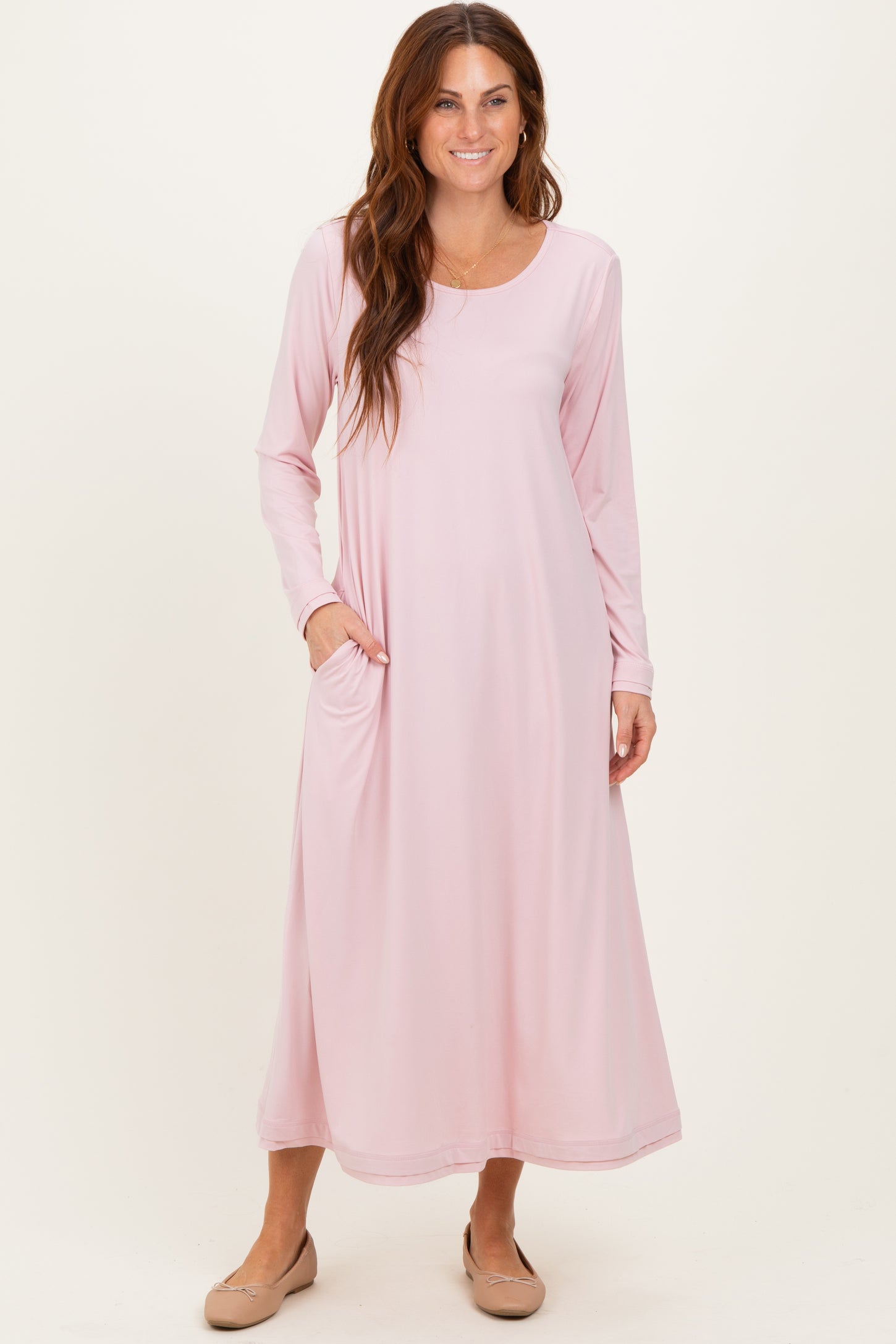 Blush Pink Relaxed Fit Long Sleeve Basic Maternity Dress