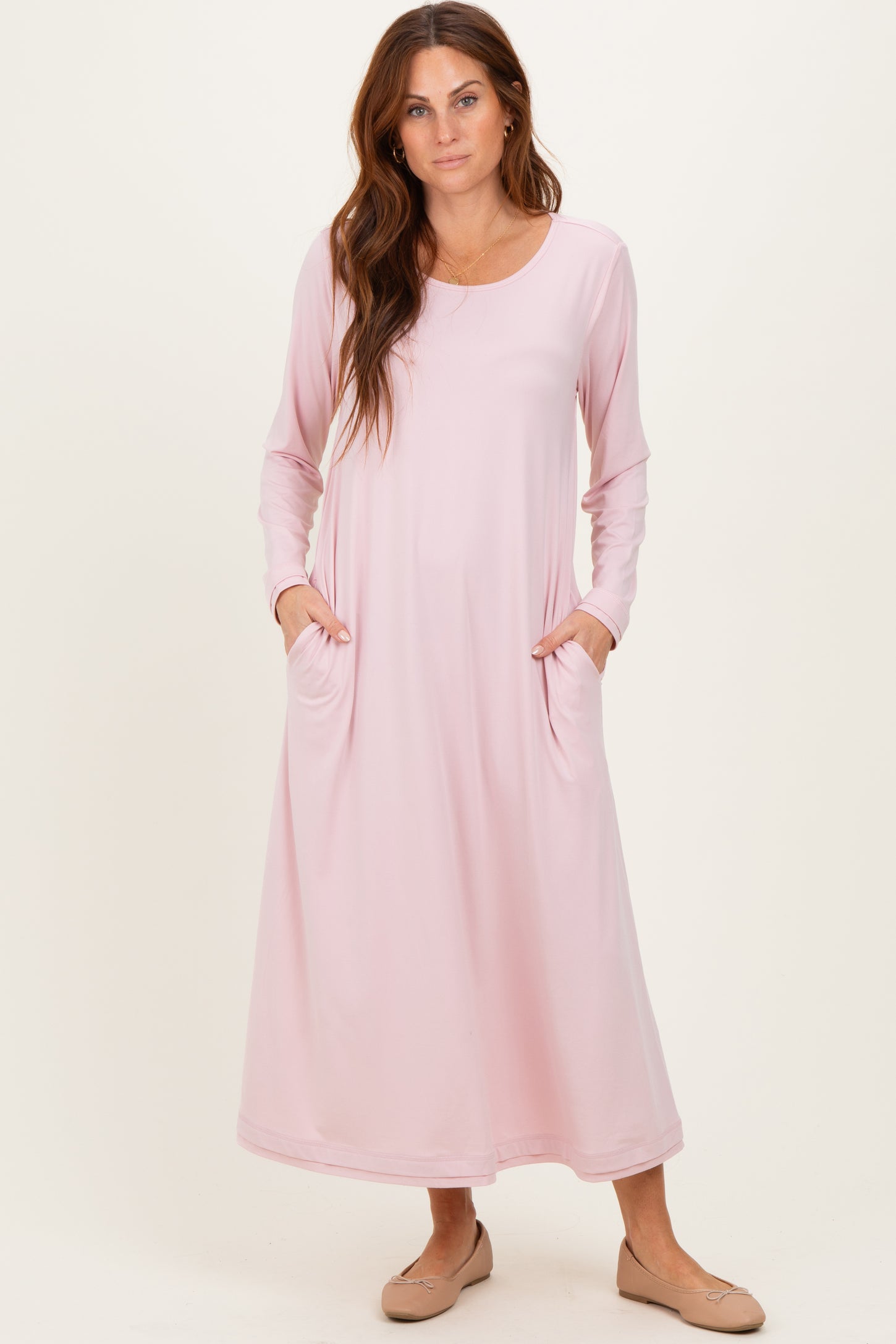 Blush Pink Relaxed Fit Long Sleeve Basic Dress