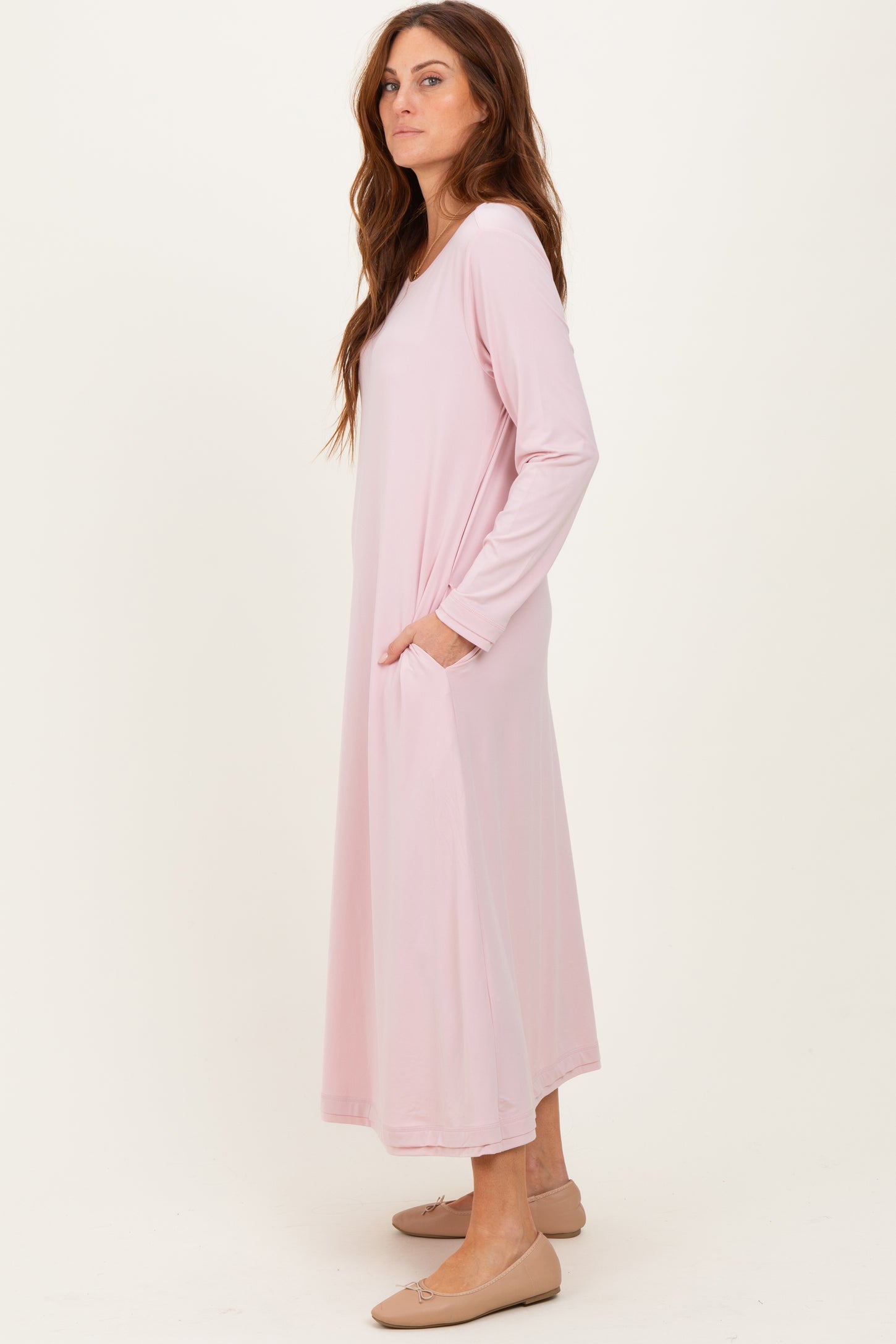 Blush Pink Relaxed Fit Long Sleeve Basic Dress