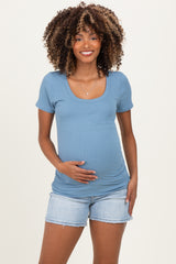 Light Blue Distressed Hem Maternity Jean Shorts