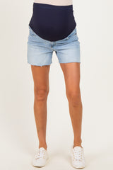 Light Blue Raw Hem Maternity Jean Shorts