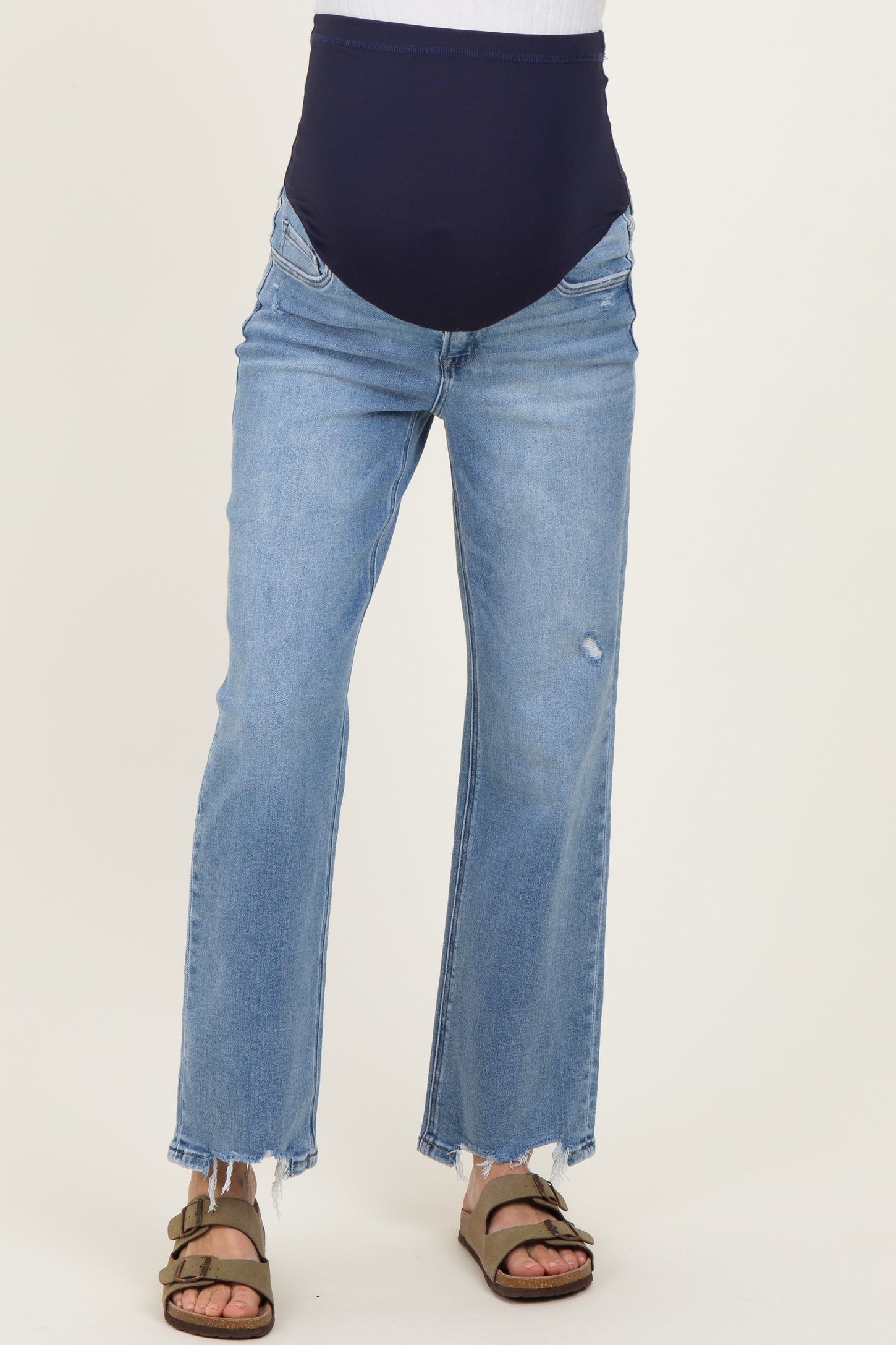 Light Blue Distressed Frayed Hem Slim Maternity Wide Leg Jeans