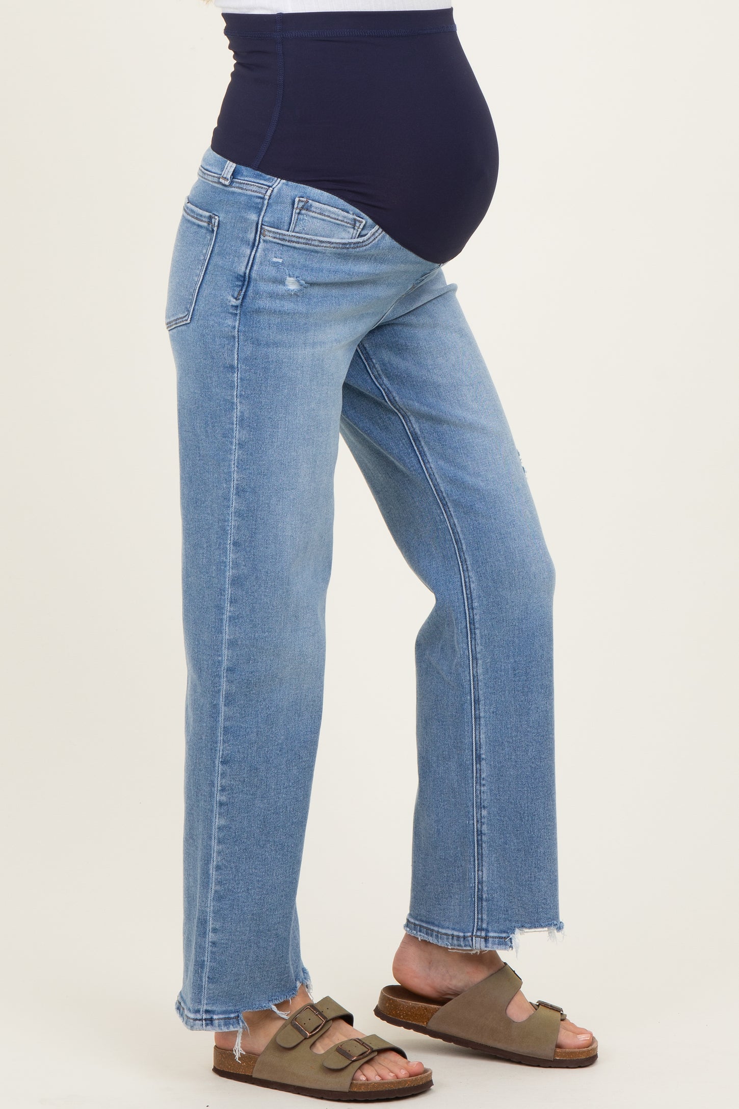 Light Blue Distressed Frayed Hem Slim Maternity Wide Leg Jeans