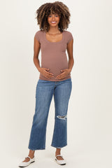 Navy Distressed Open Knee Cropped Wide Leg Maternity Jeans