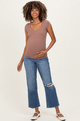 Navy Distressed Open Knee Cropped Wide Leg Maternity Jeans