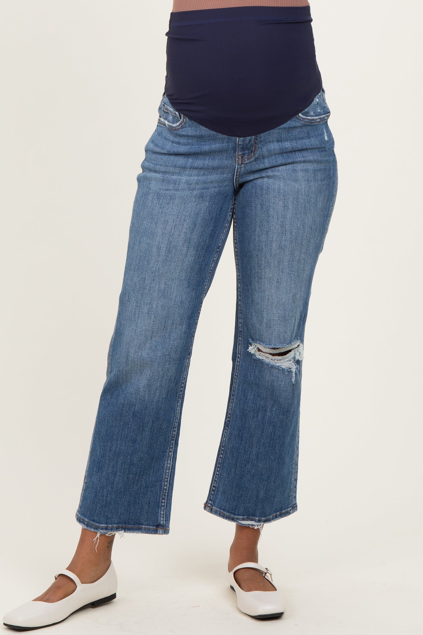 Navy Distressed Open Knee Cropped Wide Leg Maternity Jeans