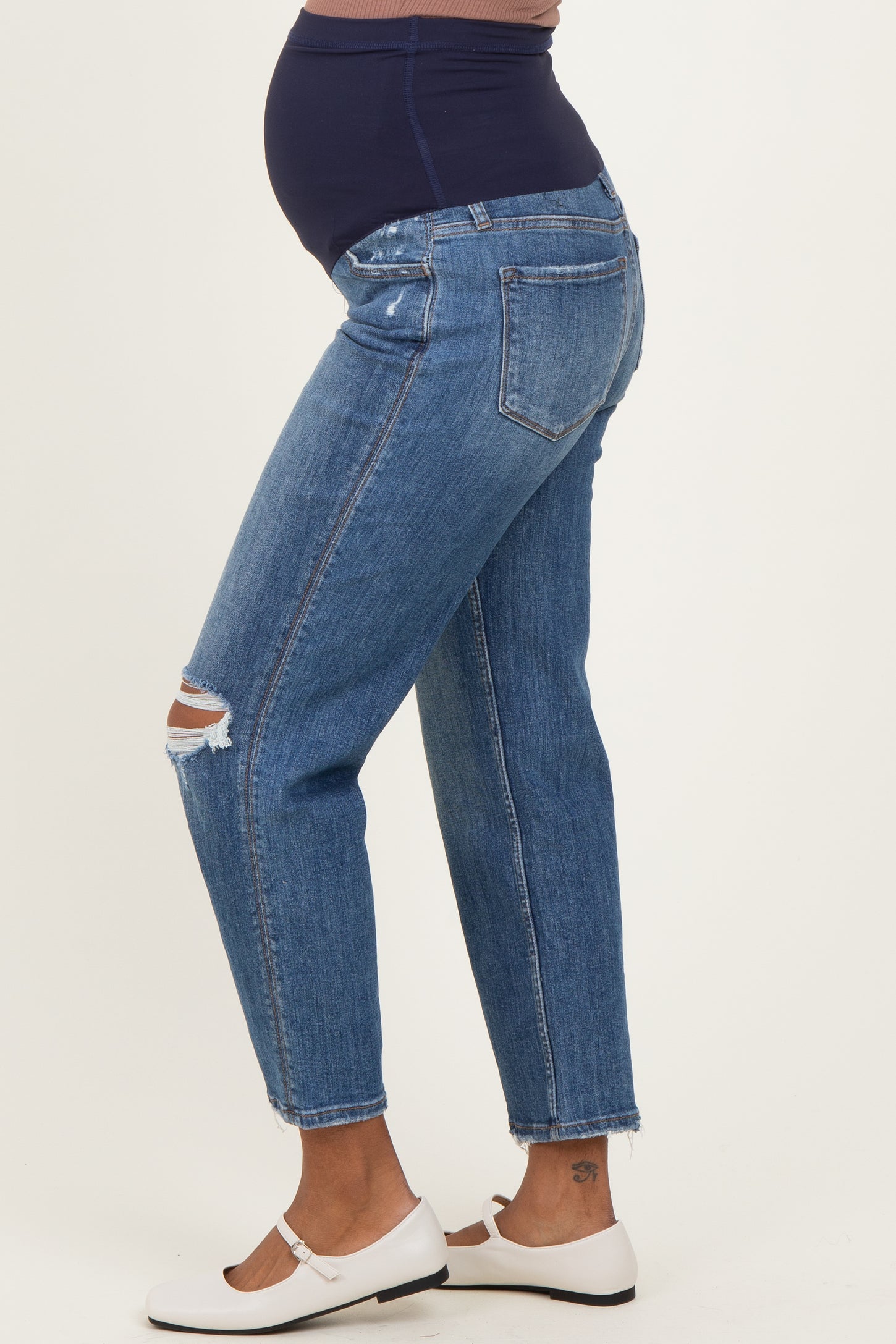 Navy Distressed Open Knee Cropped Wide Leg Maternity Jeans