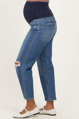 Navy Distressed Open Knee Cropped Wide Leg Maternity Jeans